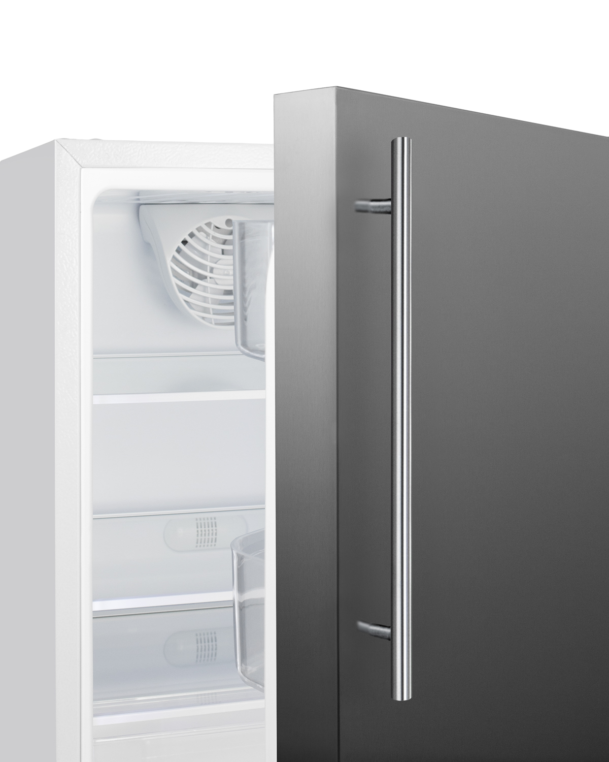 Built-in undercounter ADA compliant residential all-refrigerator in white with stainless steel door, vertical handle, with door storage and automatic defrost operation